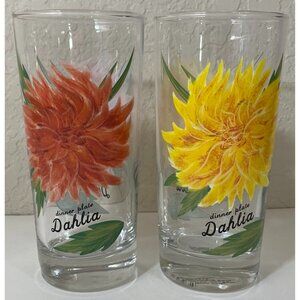 2 Dinner Plate Dahlia 6" Collectible Drinking Glasses Red Yellow Flower Floral